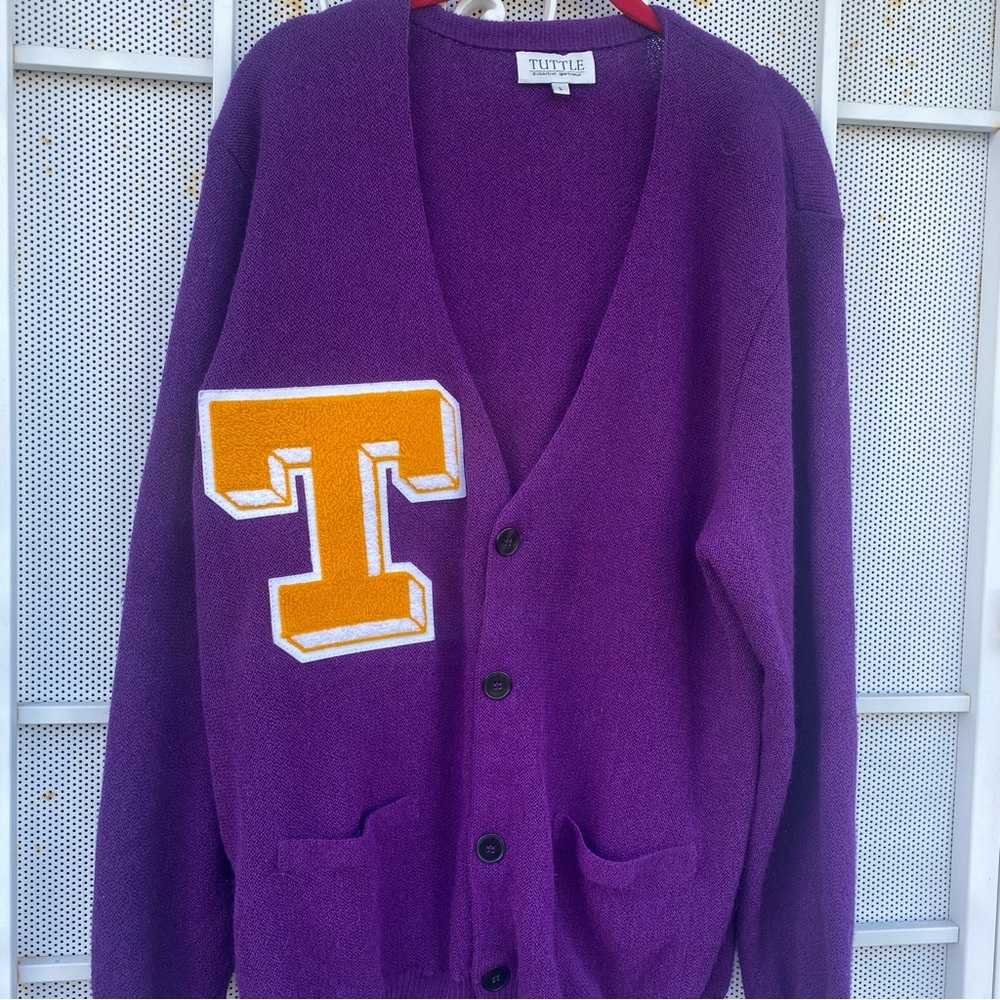 Tuttle distinctive sportswear men L long sleeve 100% alpaca purple -yellow T Vtg